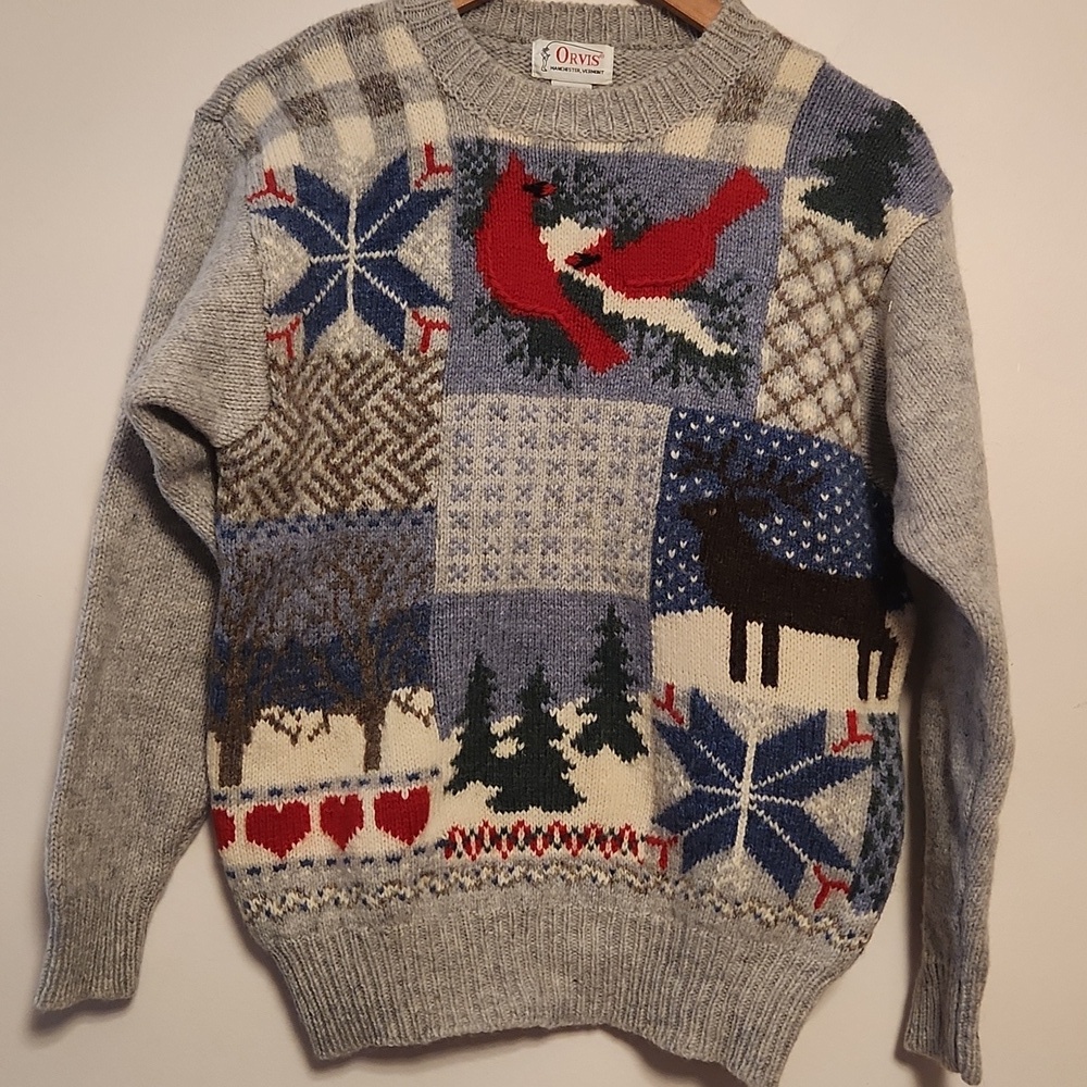 Orvis Winter Intarsia Gray Wool Cardinal Birds Moose Snowflakes Sweater Sz M